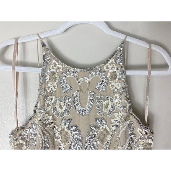 NWT ADRIANNA PAPELL DRESS 2 SEQUIN BEADED SHORT MINI COCKTAIL FLORAL BISCOTTI - Picture 7 of 16